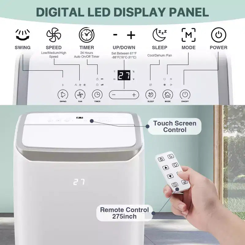 Aire acondicionado portátil de 14000 BTU, enfría hasta 70 m², unidad de CA portátil con deshumidificador