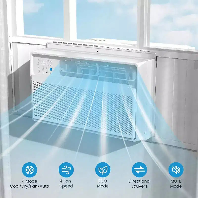 Aire acondicionado de ventana ZAFRO, unidad de aire acondicionado de ventana de 12,000 BTU con control remoto y por aplicación, enfría habitaciones de hasta 46 metros cuadrados, 6 modos, 4 velocidades de ventilador