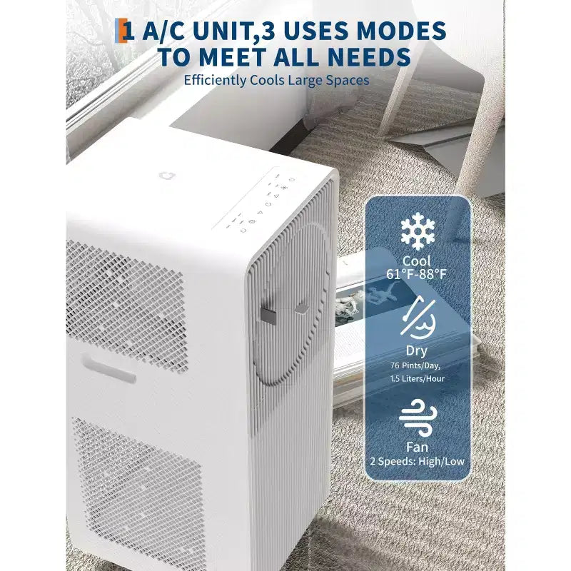 Acondicionador de aire portátil sin drenaje de 12.000 BTU para interiores, unidad de aire acondicionado 3 en 1 para dormitorios de 17,6 a 23,2 metros cuadrados