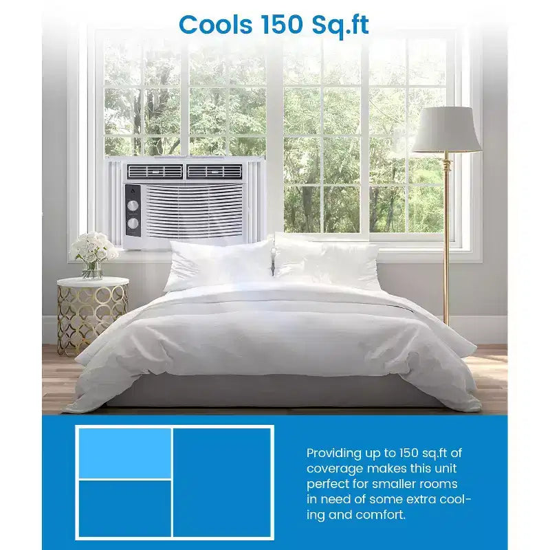 Unidad de aire acondicionado de ventana de 5000 BTU, enfriamiento rápido para 150 pies cuadrados. Unidad de aire acondicionado de ventana con controles mecánicos fáciles de usar.