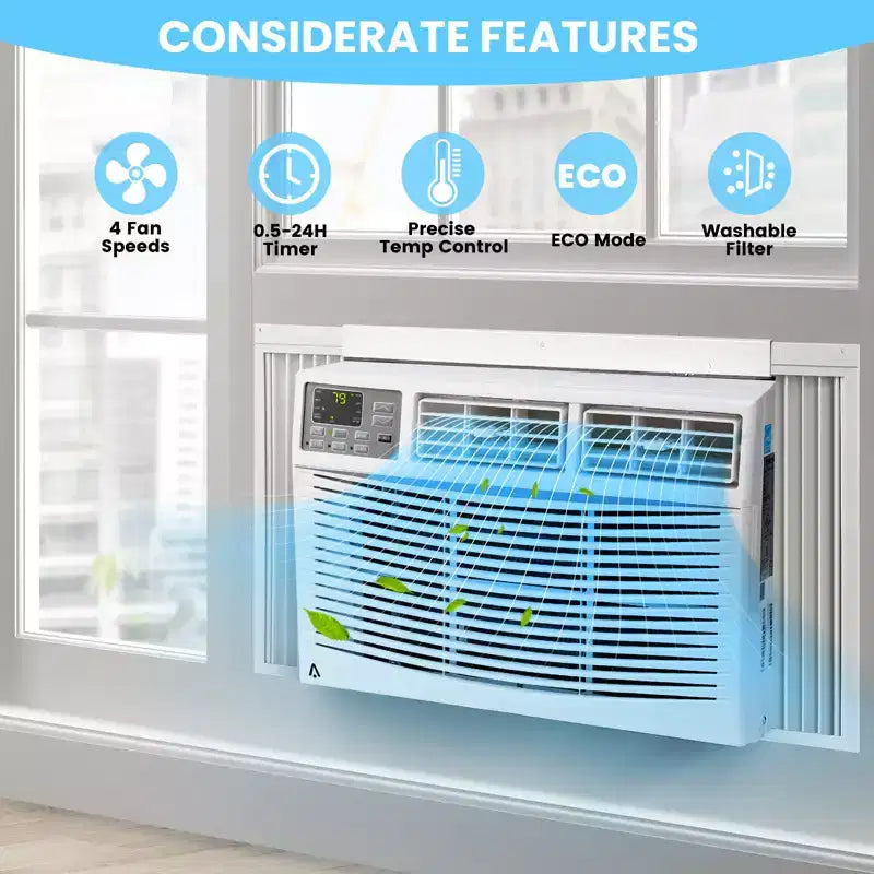 Aire Acondicionado de Ventana de 8000 BTU, Unidad de Aire Acondicionado de Ventana Ultra Silenciosa para Habitaciones de hasta 350 pies cuadrados