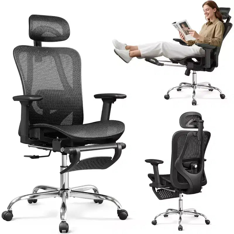 Silla de oficina ergonómica de malla GALAXHERO, silla reclinable de escritorio con respaldo alto, reposapiés retráctil y soporte lumbar ajustable, función de inclinación, color negro