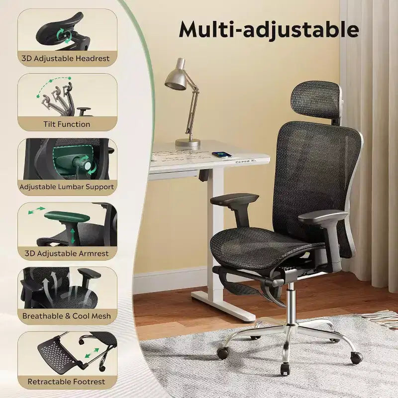 Silla de oficina ergonómica de malla GALAXHERO, silla reclinable de escritorio con respaldo alto, reposapiés retráctil y soporte lumbar ajustable, función de inclinación, color negro