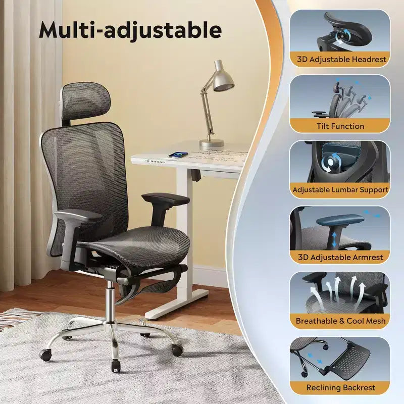 Silla de oficina ergonómica de malla GALAXHERO, silla reclinable de escritorio con respaldo alto, reposapiés retráctil y soporte lumbar ajustable, función de inclinación, color negro