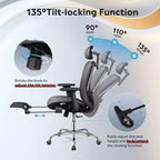 Silla de oficina ergonómica de malla GALAXHERO, silla reclinable de escritorio con respaldo alto, reposapiés retráctil y soporte lumbar ajustable, función de inclinación, color negro