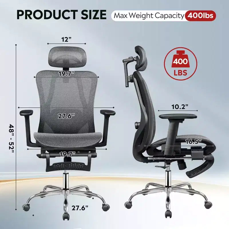 Silla de oficina ergonómica de malla GALAXHERO, silla reclinable de escritorio con respaldo alto, reposapiés retráctil y soporte lumbar ajustable, función de inclinación, color negro