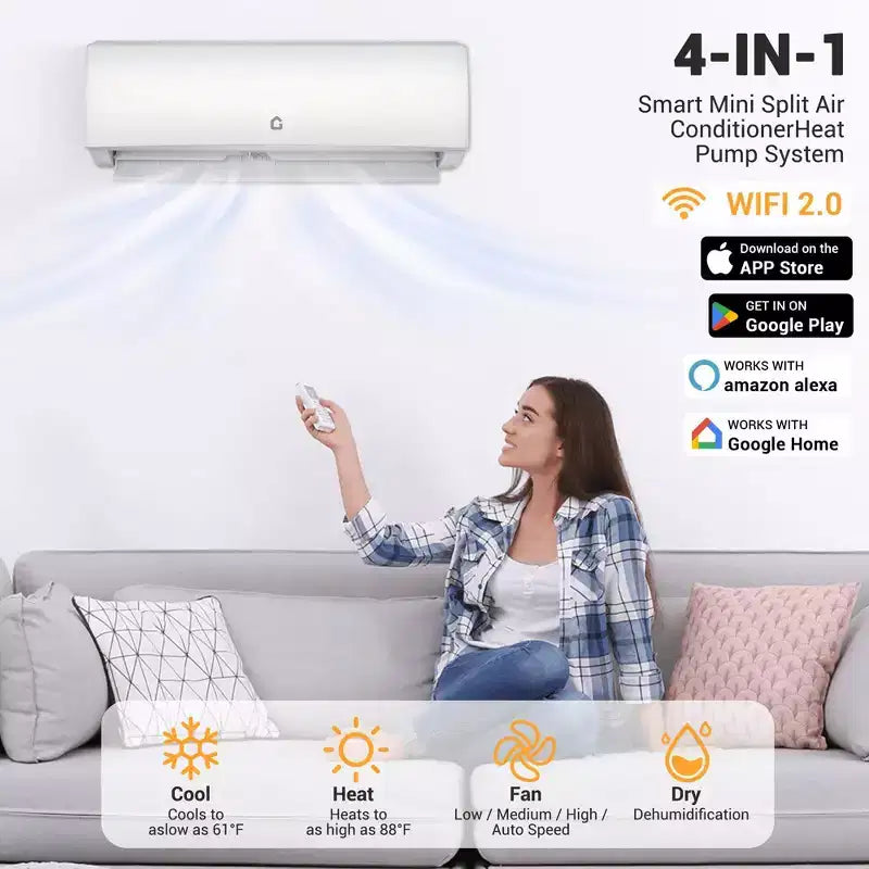 Aire Acondicionado Mini Split de 9000 BTU, con Wifi, 20 SEER2 230V, Enfriamiento hasta 450 pies cuadrados, Aire Acondicionado sin Ductos Inverter, Blanco