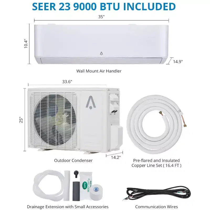 Sistema de aire acondicionado/calefacción Mini Split de 9,000 BTU, aire acondicionado y calefactor Split, 23 SEER2 / 115 V, enfría habitaciones de hasta 46 m², blanco