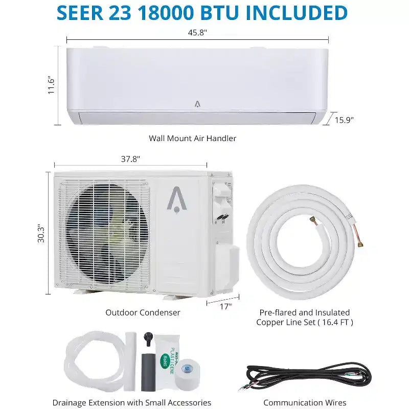 Aire Acondicionado de 18,000 BTU, 23 SEER, Enfría Habitaciones de Hasta 116 Metros Cuadrados, Minisplit Sin Ductos Montado en Pared con Bomba de Calor, Kit de Instalación de 4.8 Metros, Sistema Split, Blanco