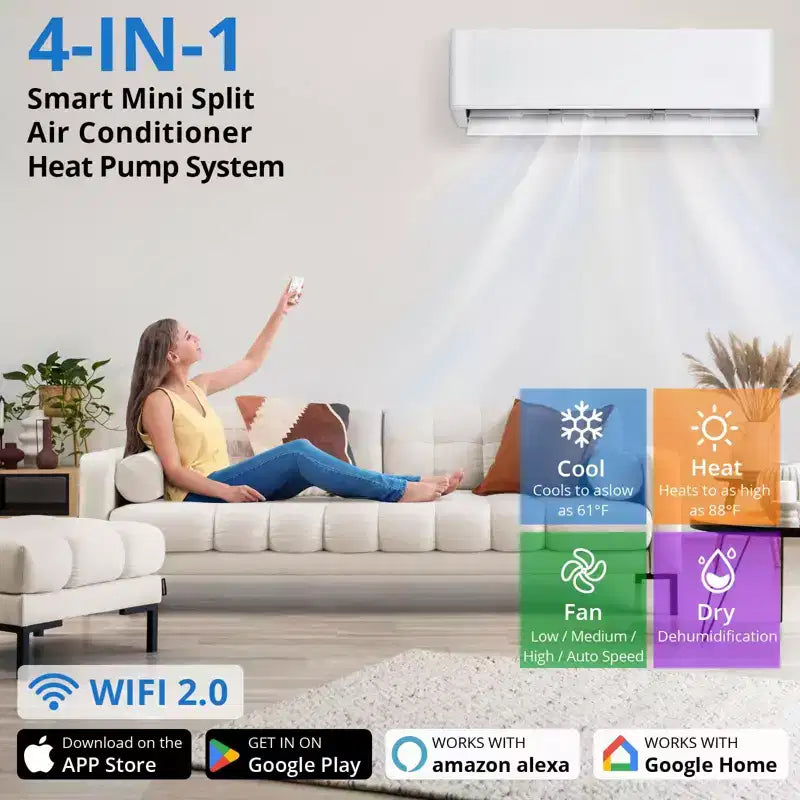 Aire Acondicionado de 18,000 BTU, 23 SEER, Enfría Habitaciones de Hasta 116 Metros Cuadrados, Minisplit Sin Ductos Montado en Pared con Bomba de Calor, Kit de Instalación de 4.8 Metros, Sistema Split, Blanco