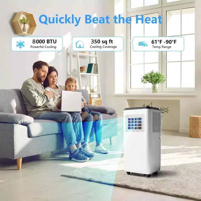 Aire acondicionado portátil de 8000 BTU con control remoto, unidad de CA silenciosa con modo frío, deshumidificador y ventilador para habitaciones de hasta 32,5 m², temporizador de 24 horas, blanco