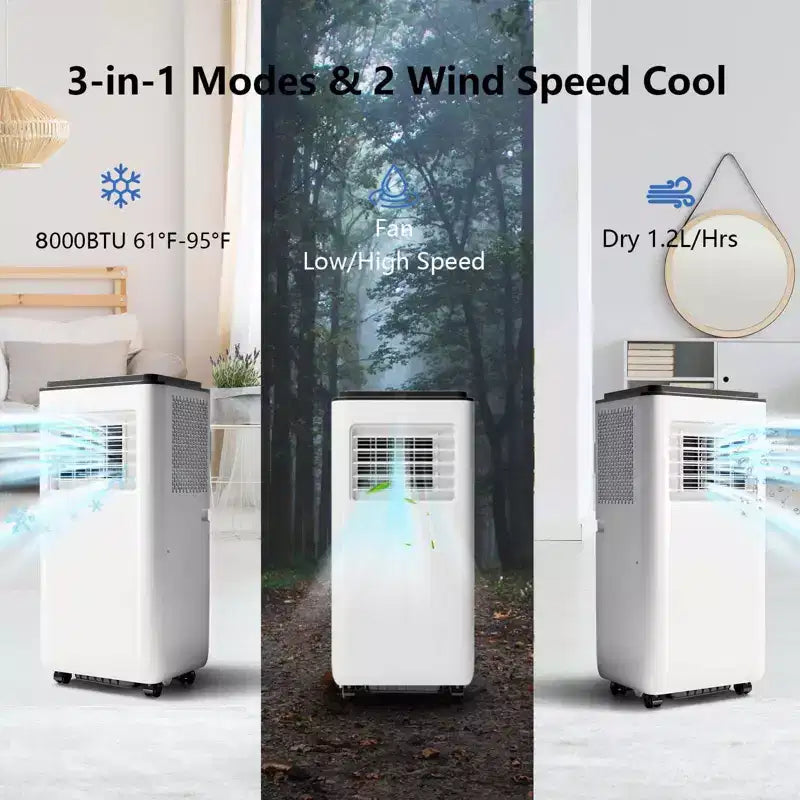 Aire acondicionado portátil de 8000 BTU con control remoto, unidad de CA silenciosa con modo frío, deshumidificador y ventilador para habitaciones de hasta 32,5 m², temporizador de 24 horas, blanco