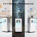 Aire acondicionado portátil de 8000 BTU con control remoto, unidad de CA silenciosa con modo frío, deshumidificador y ventilador para habitaciones de hasta 32,5 m², temporizador de 24 horas, blanco
