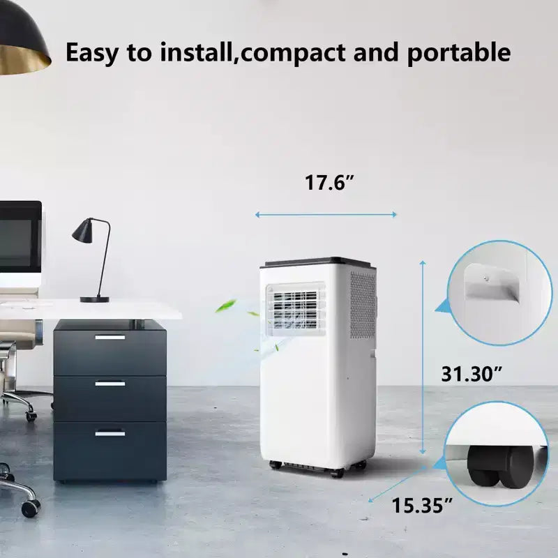 Aire acondicionado portátil de 8000 BTU con control remoto, unidad de CA silenciosa con modo frío, deshumidificador y ventilador para habitaciones de hasta 32,5 m², temporizador de 24 horas, blanco