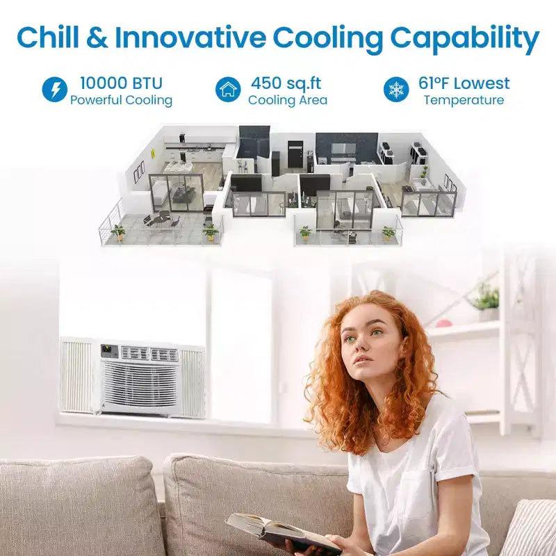 Aire Acondicionado de Ventana de 10000 BTU con Control Remoto, Enfría Habitaciones de Hasta 42 m², 3 Velocidades de Enfriamiento y Ventilador, Funcionamiento Silencioso, Kit de Fácil Instalación