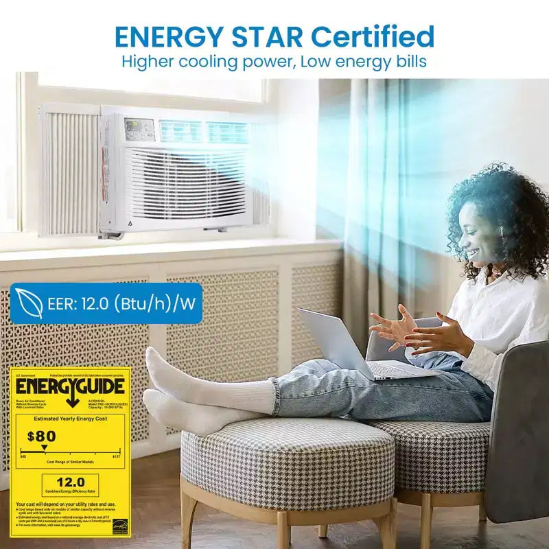 Aire Acondicionado de Ventana de 10000 BTU con Control Remoto, Enfría Habitaciones de Hasta 42 m², 3 Velocidades de Enfriamiento y Ventilador, Funcionamiento Silencioso, Kit de Fácil Instalación