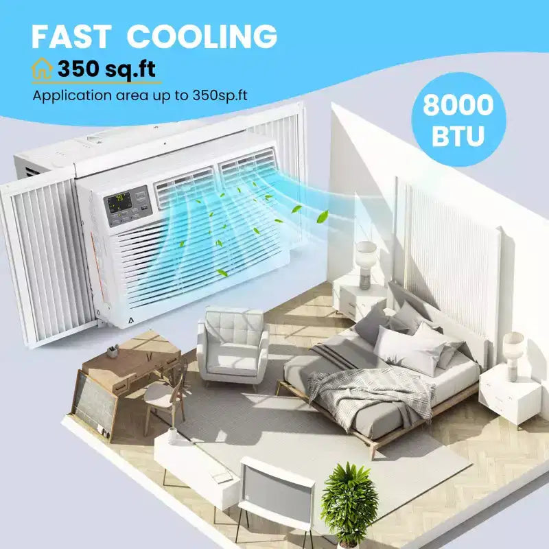 Aire acondicionado de ventana de 8000 BTU con control remoto, enfría habitaciones de hasta 41,8 m², 3 velocidades de enfriamiento y ventilador, funcionamiento silencioso, kit de fácil instalación