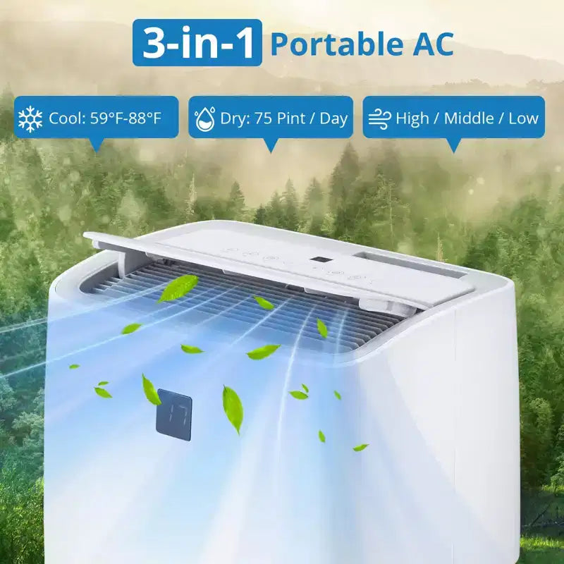 Aires Acondicionados Portátiles, AC Portátil de 14000 BTU, Enfría hasta 70 m² AC Móvil 3 en 1 para Habitación con Deshumidificador, Ventilador, Modo Suspendido, Temporizador de 24H