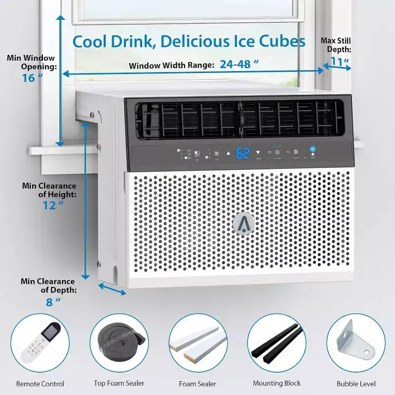 Aire Acondicionado de Ventana, Unidad de AC de Ventana con Filtro Lavable, Habilitado para Wi-Fi con Control Remoto, Enfría hasta 32.5 Metros Cuadrados, 6 Modos, 115V/60Hz