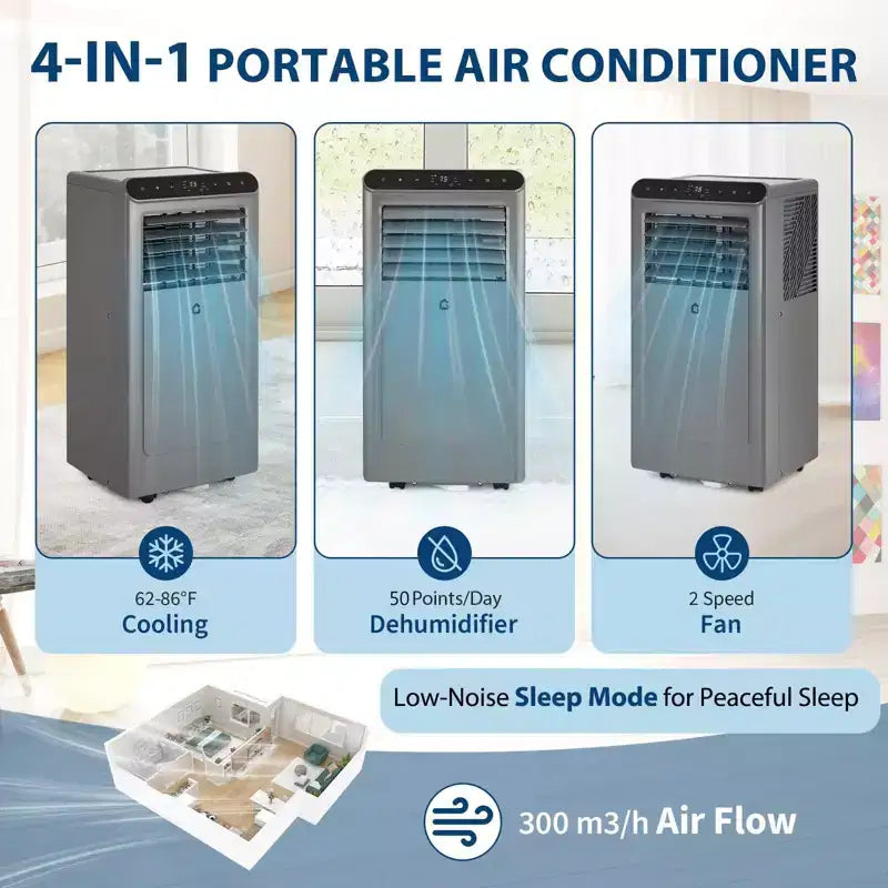 Aire Acondicionado Portátil de 8,000 BTU, Unidades de Aire Acondicionado Portátil 4 en 1 para Habitaciones con Ventilador, Deshumidificador, Enfría Habitaciones de Hasta 32.5 Metros Cuadrados