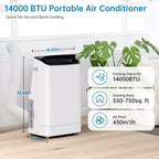 Aire Acondicionado Portátil de 14,000 BTU - Enfriamiento 4 en 1 para 70 m², Silencioso con Control Remoto y Kit de Ventana