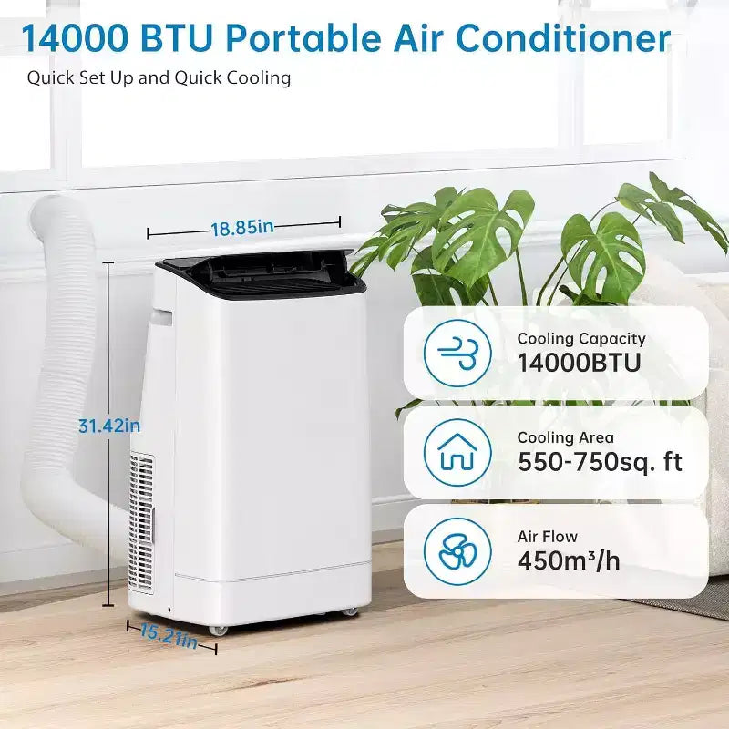 Aire Acondicionado Portátil de 14,000 BTU - Enfriamiento 4 en 1 para 70 m², Silencioso con Control Remoto y Kit de Ventana