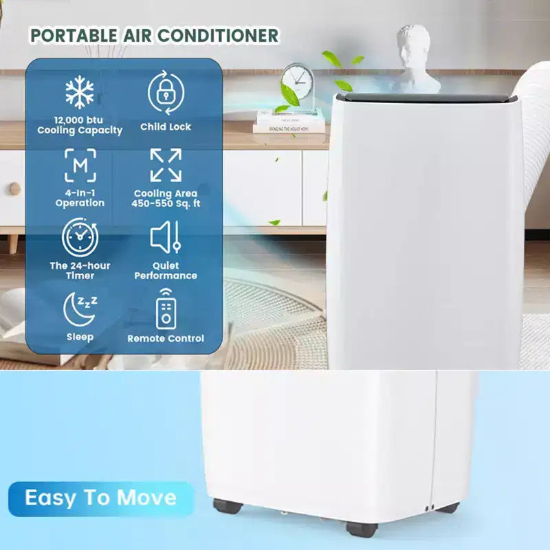 Aire Acondicionado, Aire Acondicionado Portátil de 12000 BTU con Modos de Deshumidificador y Ventilador, Enfría Habitaciones de hasta 65 m², Unidad de Aire Acondicionado de Suelo para Habitaciones