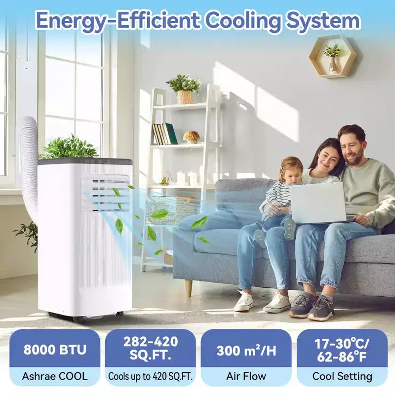 Aire acondicionado portátil de 8.000 BTU, unidad de CA portátil para dormitorio de hasta 32,5 m², refrigeración, deshumidificador, aire acondicionado de pie, temporizador de 24 horas