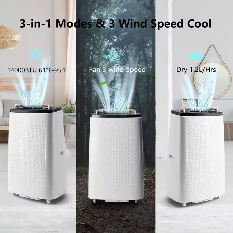 Aires acondicionados portátiles de 14.000 BTU, cobertura de 70 m², función 4 en 1, motor doble con deshumidificador y control remoto, ideal para habitaciones grandes y caravanas