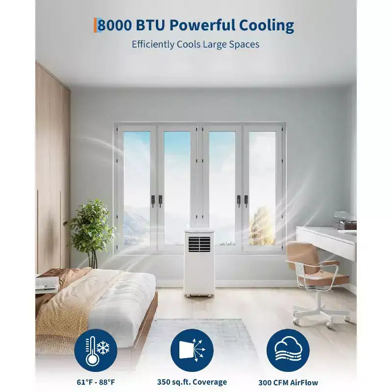 Acondicionador de aire TROPOW, unidad 3 en 1 de 8000 BTU con modo ventilador, control remoto y diseño sin ventilación, aire acondicionado portátil para habitaciones.