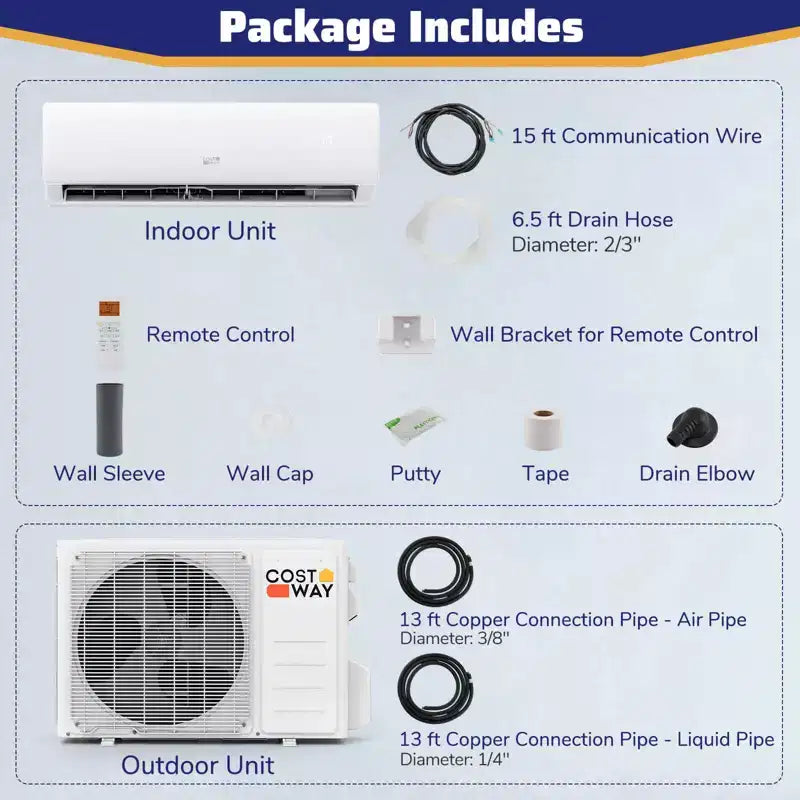 Costway Aire Acondicionado y Calentador Mini Split con Wi-Fi de 11500/11500/17000/23000 BTU, Funciona con Alexa