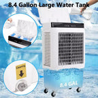 Enfriador de aire evaporativo, enfriador por evaporación portátil de 1800 CFM con control remoto, 3 velocidades, temporizador de 12 horas y tanque de agua de 8.4 galones, ventilador de enfriamiento 3 en 1
