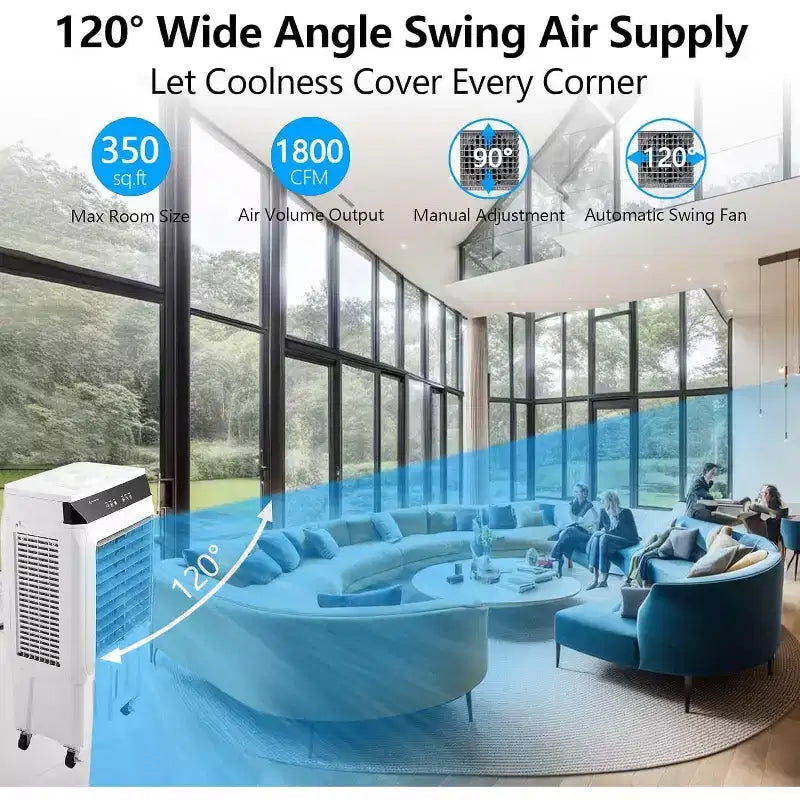 Enfriador de aire evaporativo, enfriador por evaporación portátil de 1800 CFM con control remoto, 3 velocidades, temporizador de 12 horas y tanque de agua de 8.4 galones, ventilador de enfriamiento 3 en 1