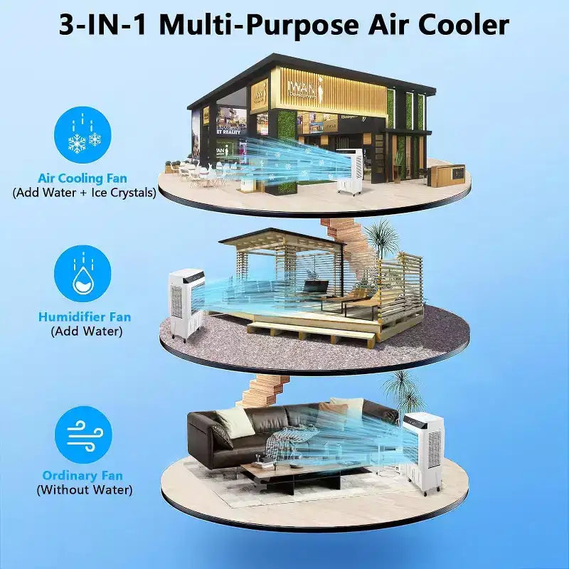 Enfriador de aire evaporativo, enfriador por evaporación portátil de 1800 CFM con control remoto, 3 velocidades, temporizador de 12 horas y tanque de agua de 8.4 galones, ventilador de enfriamiento 3 en 1