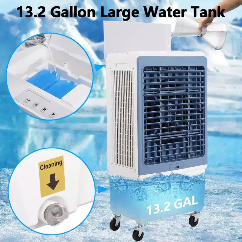 Enfriador de aire evaporativo de 3500 CFM, enfriador de pantano con control remoto y temporizador de 12 horas, 4 paquetes de hielo, 3 modos y velocidades de viento para uso en exteriores e interiores, 13.2 galones
