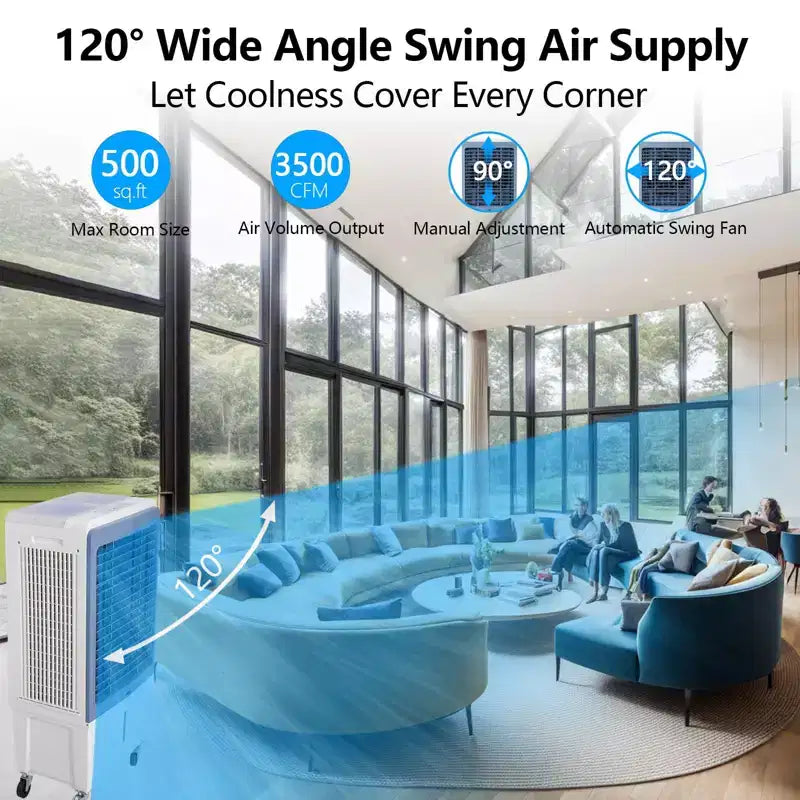 Enfriador de aire evaporativo de 3500 CFM, enfriador de pantano con control remoto y temporizador de 12 horas, 4 paquetes de hielo, 3 modos y velocidades de viento para uso en exteriores e interiores, 13.2 galones