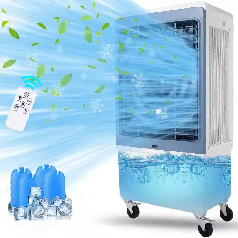 Enfriador de aire evaporativo de 3500 CFM, enfriador de pantano con control remoto y temporizador de 12 horas, 4 paquetes de hielo, 3 modos y velocidades de viento para uso en exteriores e interiores, 13.2 galones