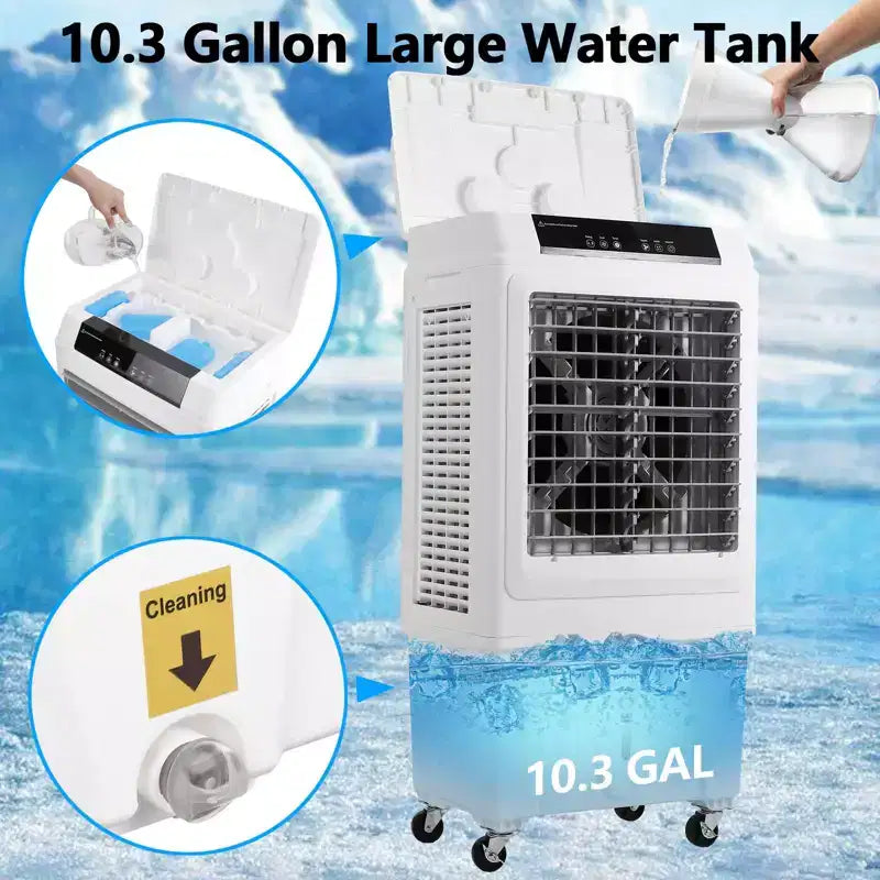 Enfriador evaporativo de 3000 CFM con control remoto y temporizador de 12 horas, 4 bolsas de hielo, 3 modos y velocidades de viento para uso en exteriores e interiores, 10.3 galones