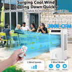 Enfriador evaporativo de 3000 CFM con control remoto y temporizador de 12 horas, 4 bolsas de hielo, 3 modos y velocidades de viento para uso en exteriores e interiores, 10.3 galones