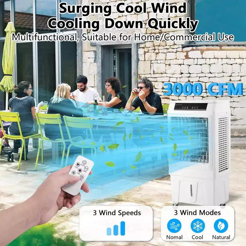 Enfriador evaporativo de 3000 CFM con control remoto y temporizador de 12 horas, 4 bolsas de hielo, 3 modos y velocidades de viento para uso en exteriores e interiores, 10.3 galones