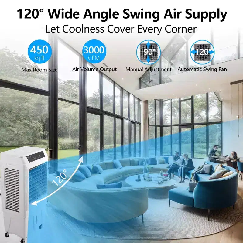 Enfriador evaporativo de 3000 CFM con control remoto y temporizador de 12 horas, 4 bolsas de hielo, 3 modos y velocidades de viento para uso en exteriores e interiores, 10.3 galones