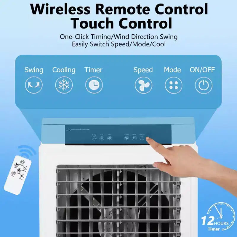 Enfriador evaporativo de 3000 CFM con control remoto y temporizador de 12 horas, 4 bolsas de hielo, 3 modos y velocidades de viento para uso en exteriores e interiores, 10.3 galones