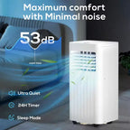 Aire acondicionado portátil de 8000 BTU. Refrigeración, ventilador, deshumidificador y modo de reposo. Silencioso de 55 dB. Para habitaciones de hasta 32,5 m². Incluye control remoto y kit de ventana.