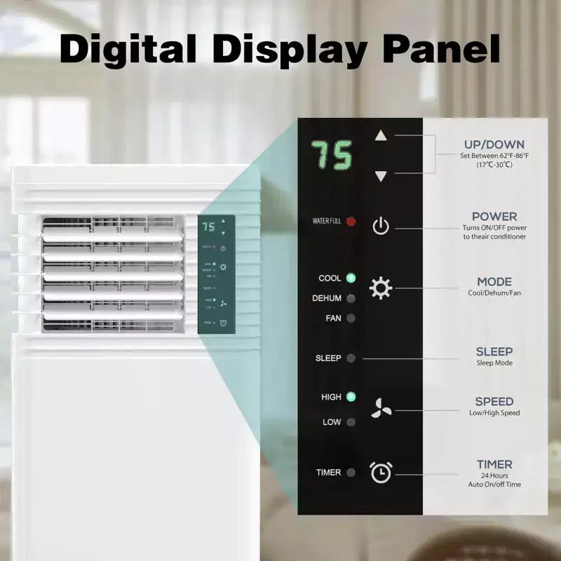 Aire Acondicionado Portátil de 8000 BTU con Control Remoto, Unidad 3 en 1 para Habitaciones, Dormitorios, Garajes, Caravanas, Incluye Temporizador, Pantalla y Kit de Ventana, Blanco