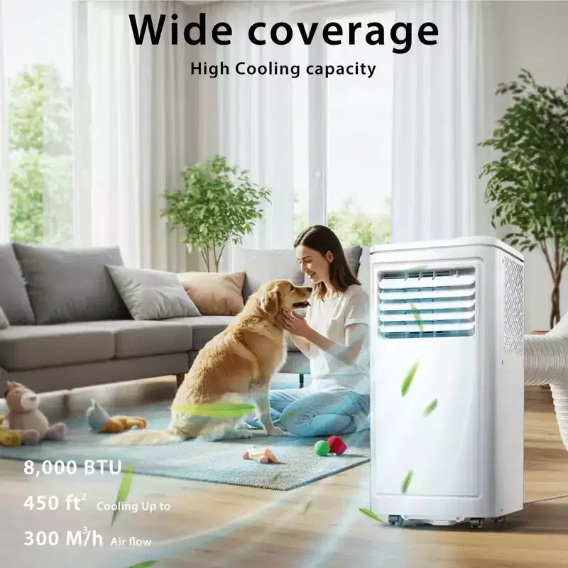 Aire Acondicionado Portátil de 8000 BTU, Enfría Habitaciones de Hasta 32.5 m², CA 4 en 1 con Control Remoto, Pantalla LED, Temporizador de 24 Horas