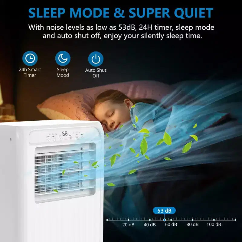 Aire acondicionado portátil de 8.000 BTU para habitación de hasta 32.5 m², unidad de aire acondicionado portátil con control remoto, modo de suspensión, kit de ventana incluido