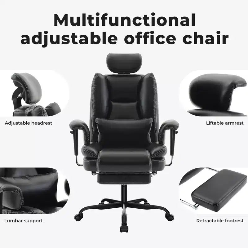 Silla de oficina de cuero sintético con soporte lumbar y respaldo alto, silla de escritorio ergonómica con reposacabezas elevable