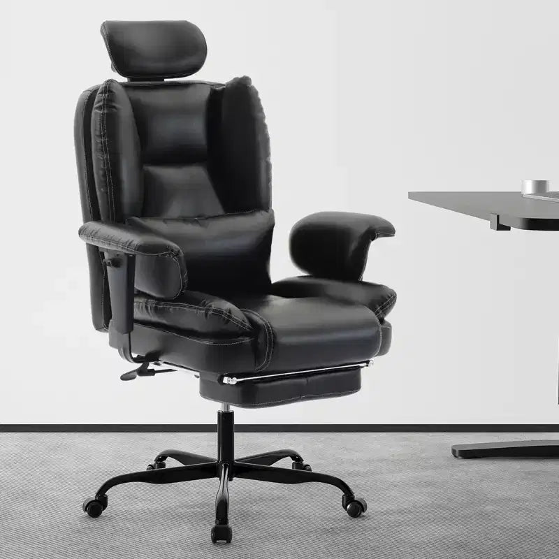 Silla de oficina de cuero sintético con soporte lumbar y respaldo alto, silla de escritorio ergonómica con reposacabezas elevable