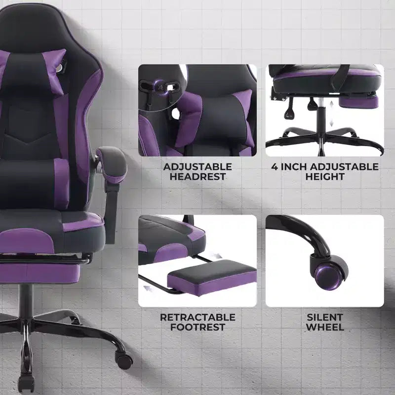 Silla de gaming, silla ergonómica de ordenador con reposapiés y soporte lumbar de masaje, silla de videojuego giratoria y regulable en altura