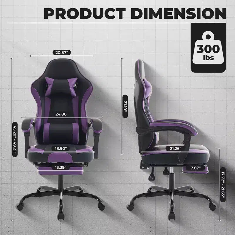 Silla de gaming, silla ergonómica de ordenador con reposapiés y soporte lumbar de masaje, silla de videojuego giratoria y regulable en altura